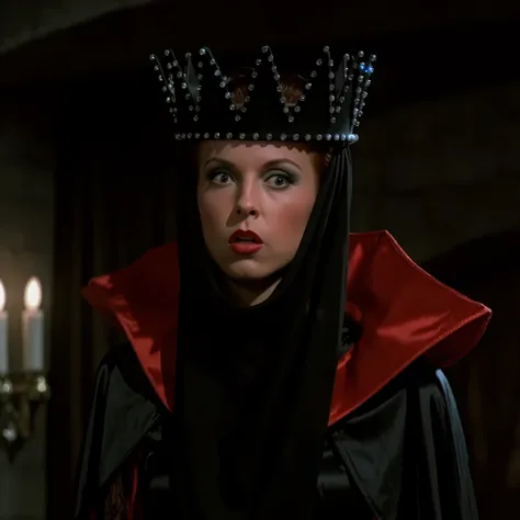 cinematic closeup film still of Evil Queen a Long shot of a surprised woman with Huge Wide Bulging Eyes , Very busty in a black costume, Long Black Satin Cape with red satin Lining and a black crown with wide staring eyes and a shock expression on her fac...