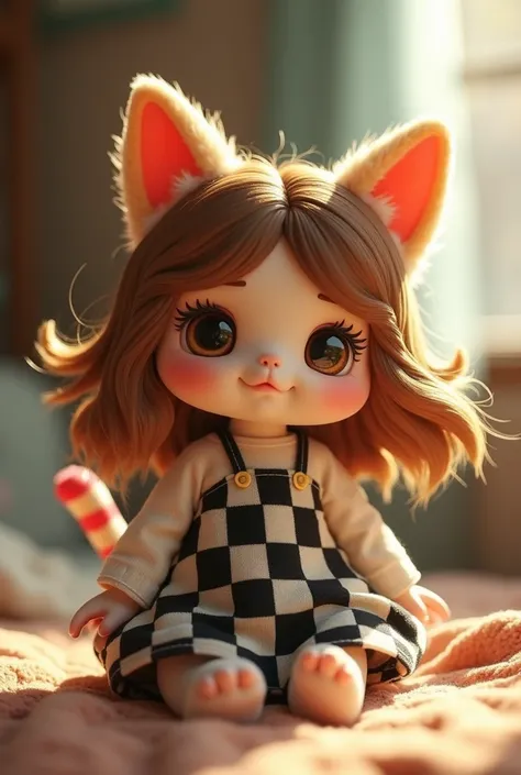 Plush doll with brown hair colored tails and chess dress 