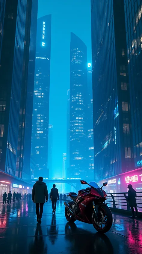 Photo in cyberpunk world with buildings and big blue towers and people walking on bridge made by blue glasses and the walking by future motorcycle at night