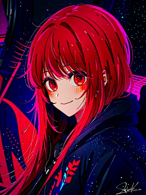  detailed biography,  Masterpiece,  top quality, smile,  Ornament ,  hoodie,  portrait, Neon Red,  graffiti ,  dark,   night , Shining Eyes,  black light 