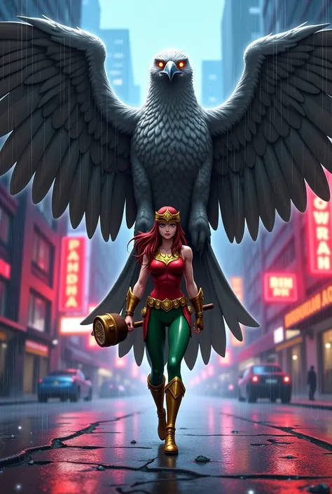 A **rainy night in Gotham City**, with **reddish and purple neon lights** reflecting in puddles across the narrow alleys, sets the stage for **Hawkgirl** and her **giant guardian eagle** as they advance toward you.  

She wears her **battle-ready attire**:...