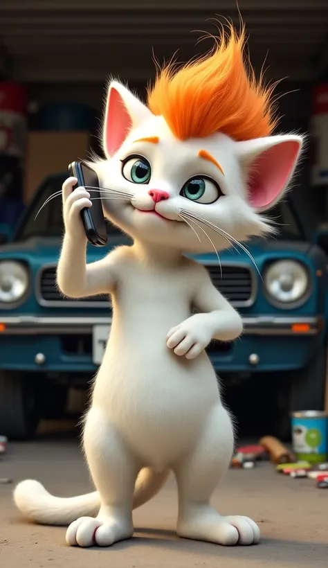 "An anthropomorphic cat standing, holding a cellphone to its ear as if talking on the phone. The cat has white fur and a large, spiky, vibrant orange hairstyle. Its face expresses surprise or curiosity. The background setting is a garage, with a parked car...