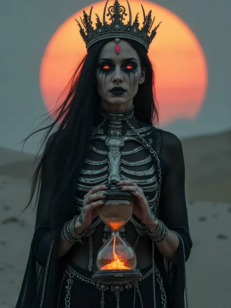 Beautiful woman warlock goddess with long black hair and face tattoos,crown made of shadow and flame,silver chain metal dress with bones,half skeleton face,and chest,dark makeup,black tears, holding a huge hourglass made of skulls,standing in a dark sand d...