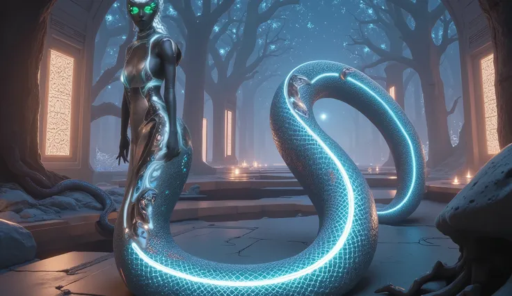 Snake Woman.a female character with a serpent-like lower body.Her upper body is human, but her lower body is serpent-like.Create an image of a futuristic snake woman who combines both the raw beauty of nature and the sleek precision of advanced technology....