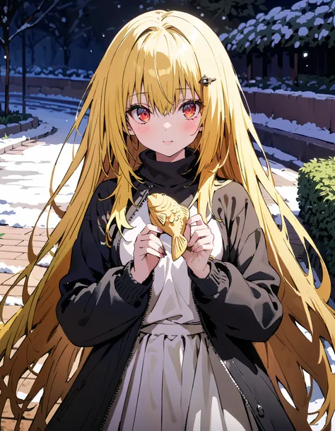 toloverudarkness, darkness, yellow hair,  long hair,  red eyes ,  Hair Ornament,White hair band ,White muffler, black down coat ,( sweater  :1.2),(  turtleneck:1.2), white long skirt,Walking around eating with taiyaki in one hand,Eating taiyaki ,snow,whole...