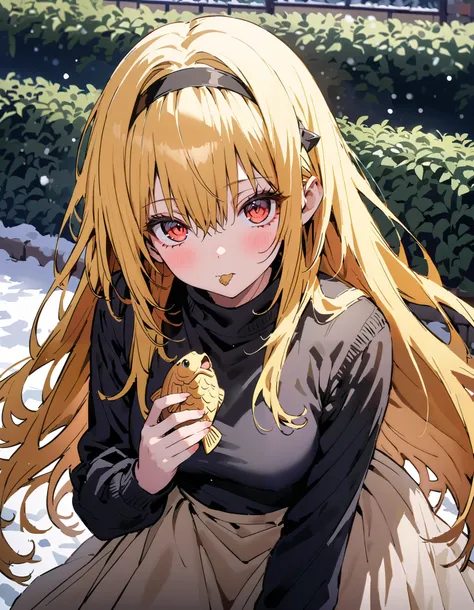 toloverudarkness, darkness, yellow hair,  long hair,  red eyes ,  Hair Ornament,White hair band ,White muffler, black down coat ,( sweater  :1.2),(  turtleneck:1.2), white long skirt,Walking around eating with taiyaki in one hand,Eating taiyaki ,snow,whole...