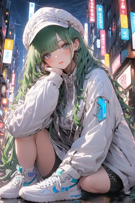 8k resolution, Masterpiece, Master work, semi-realistic, 1woman, close-up on foot:1.3, from bottom, busty, breasts apart:1.2, small face, scary and beautiful, mad green long hair:1.3, street cap, gray eyes, bisque doll, empty expression:1.2, The art style ...