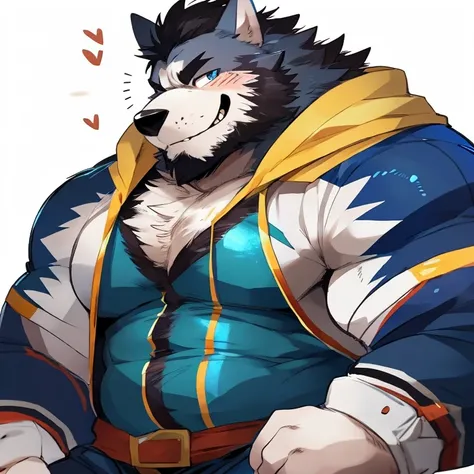 wolf, furry, ice fur, handsome, very muscular, very big, extremely hot and sexy, beard, hair, chest hair, charming eyes, solo, ice, male, happy expression, daddy, clothes, middle aged, by hyaku, by darkgem, by glitter trap boy