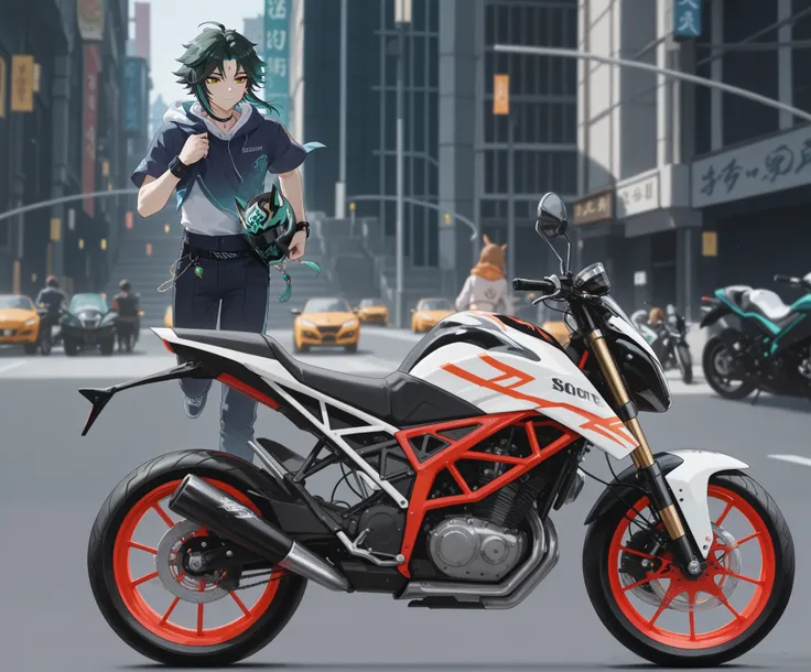 xiao from genshin impact, motorcycle, anime style, high quality