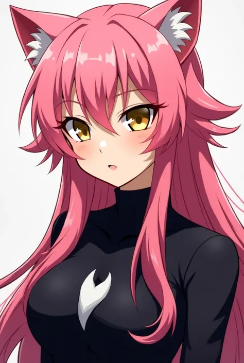 Anime with long, spiky pink hair and golden eyes, Your clothes are black with a cat's tooth 
