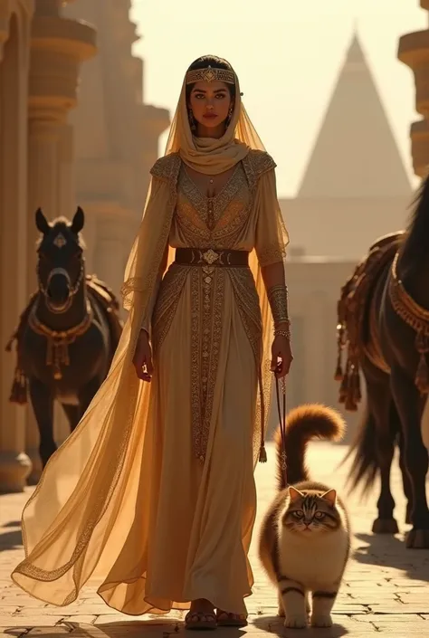 Beautiful and hijab-wearing queen cleopatra walks with big persian cat while holding the reins 