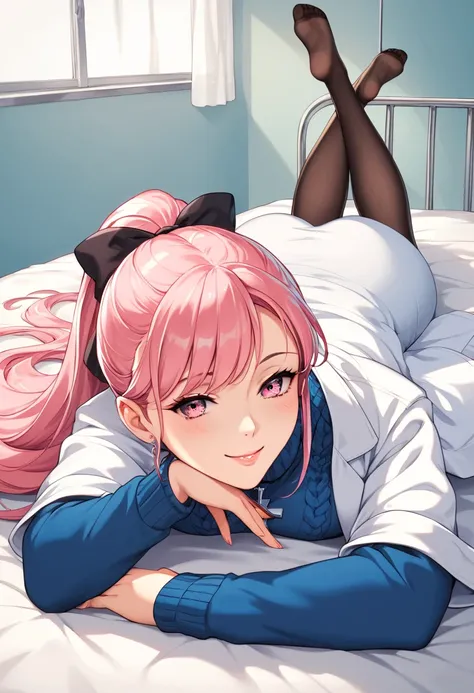 score_9, score_8, Scorw _7, score_6,  source  _    animated, 1mature_FE, Only 1 woman ,  Smile,   lying on a stretcher  ,  prone position ,  pink hair,   Long Ponytail Hair  ,  black ribbon in the hair ,   bright pink eyes  , Apollo blue sweater  ,  Long s...