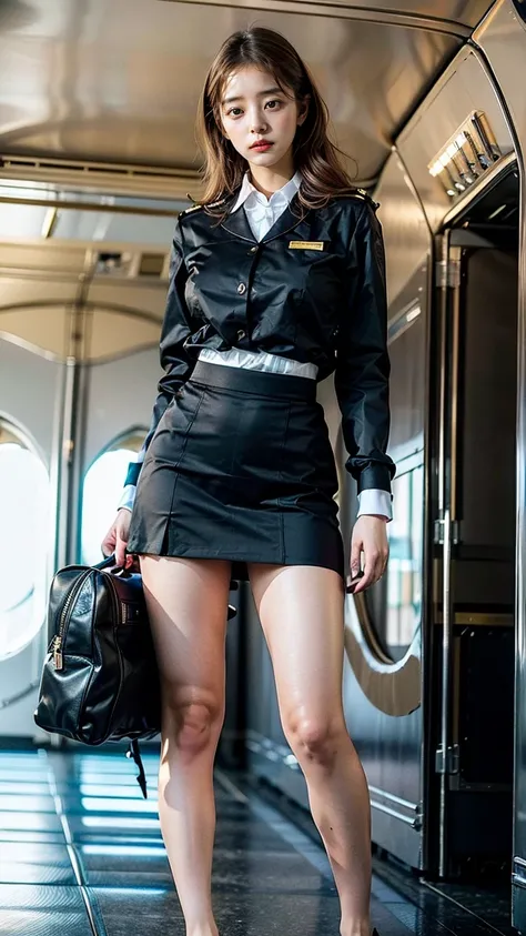 A beautiful, 24-year-old Japanese woman with perfect anatomy, healthy thighs, beautiful legs, beautiful skin, random hair color and style, large breasts, (wearing a flight attendant uniform with a mini-skirt:1.3), (she is standing:1.2), full body shot, pum...