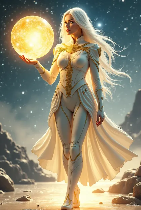 A Star Warrior in a white uniform with golden lines in her hand is a sphere of bright golden light her hair is long and white Her eyes are light blue she walks on a bridge the color of selenite