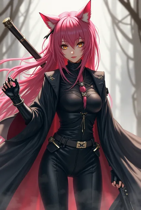 Anime with long, spiky pink hair and golden eyes, Your clothes are black with a cat's tooth , wielding a heavy sword.
