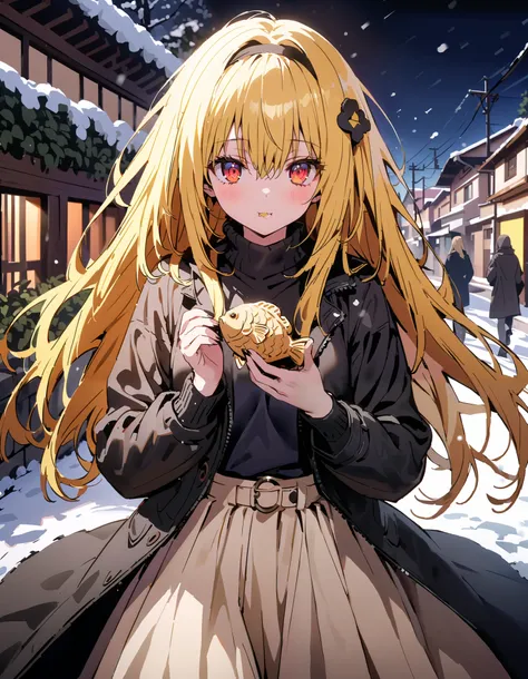 toloverudarkness, darkness, yellow hair,  long hair,  red eyes ,  Hair Ornament,White hair band ,White muffler, black down coat ,( sweater  :1.2),(  turtleneck:1.2), white long skirt,Walking around eating with taiyaki in one hand,Eating taiyaki ,snow,whole...