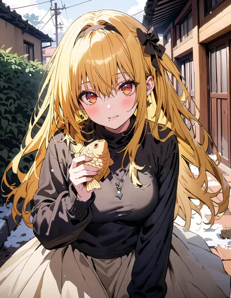 toloverudarkness, darkness, yellow hair,  long hair,  red eyes ,  Hair Ornament,White hair band ,White muffler, black down coat ,( sweater  :1.2),(  turtleneck:1.2), white long skirt,Walking around eating with taiyaki in one hand,Eating taiyaki ,snow,whole...