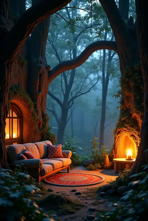 Deep in the woods at midnight, living room of a fairy house, rustic furniture, soft indirect lighting, earthy colors on the couch and blankets, cosy enchanted scene, beautiful render of a fairytale, magical environment, relaxing concept art, cozy place, re...