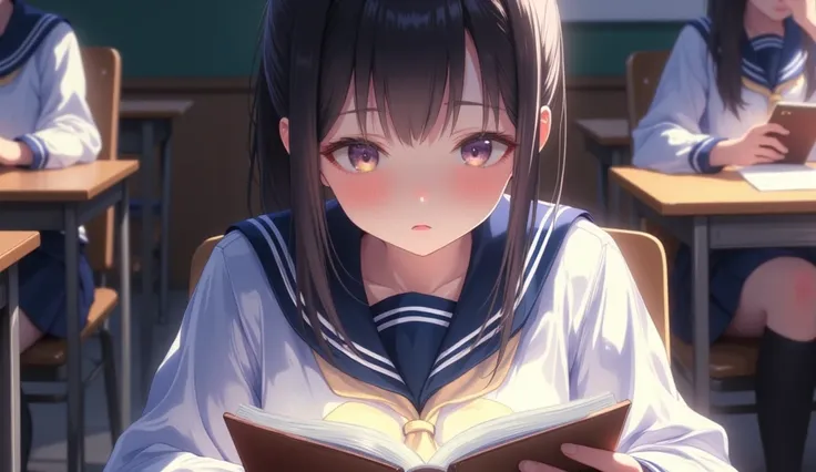 Close-up、girl in uniform in ponytail、Reading while holding a notebook with both hands、classroom