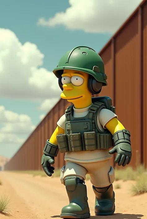 Realistic style image with Homer Simpson wearing green tactical helmet and tactical gloves, also wearing equipment and his white uniform, walking through the desert and still standing on the side of a long rusty wall and cloudy sky. 