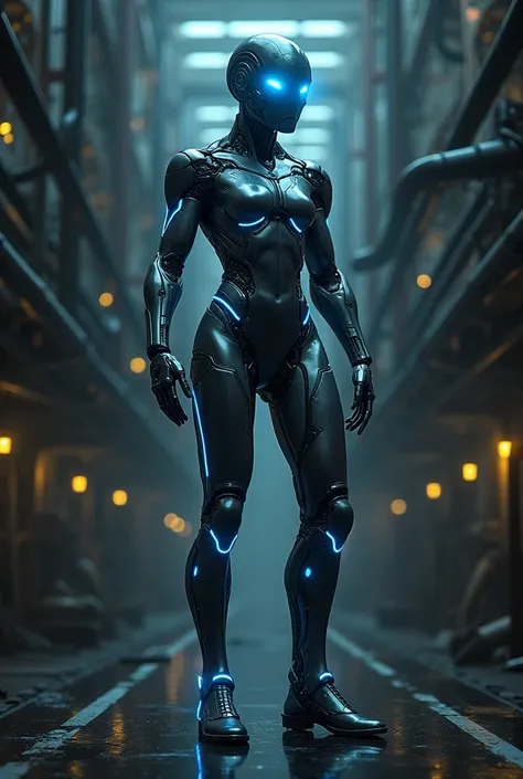 Give me an auto man wearing a futuristic suit with blue lights and a mask with bright blue eyes against a background of a technological factory  