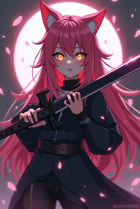  anime with long spiky pink hair, Pink cat ears ,  golden eyes, Your clothes are black with a cat's tooth , wielding a heavy sword.
