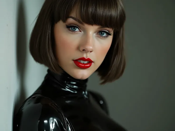 portrait of a sexy woman, wearing a latex school uniform, she is wearing shiny red lip gloss, 