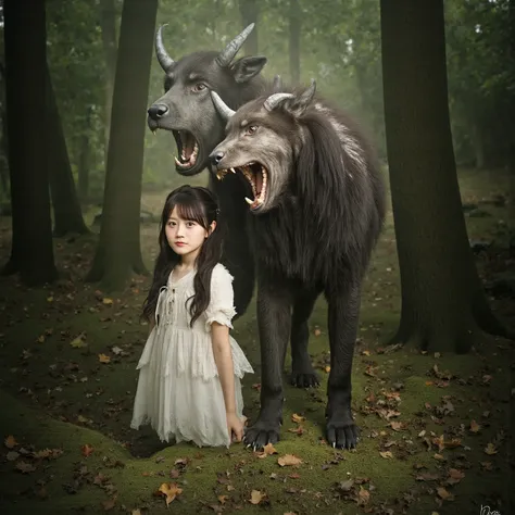 A girl and Cerberus, the guard dog of Hell, are standing in the woods
