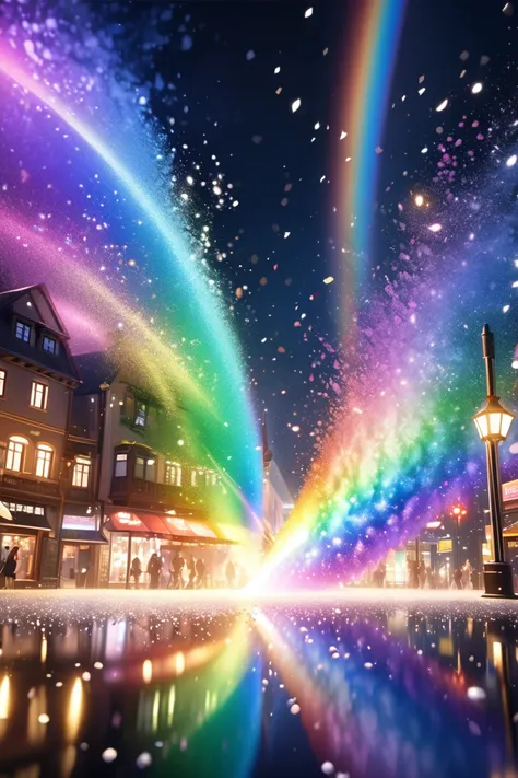 Ultra-high resolution 8k RAW photos、 Extremely beautiful diamond dust blows through a quiet city 、 Diamond dust illuminated by light shimmers and emits rainbow colors、Close up the beauty of diamond dust、A rabbit is wrapped in diamond dust 。 masterpiece 、 b...