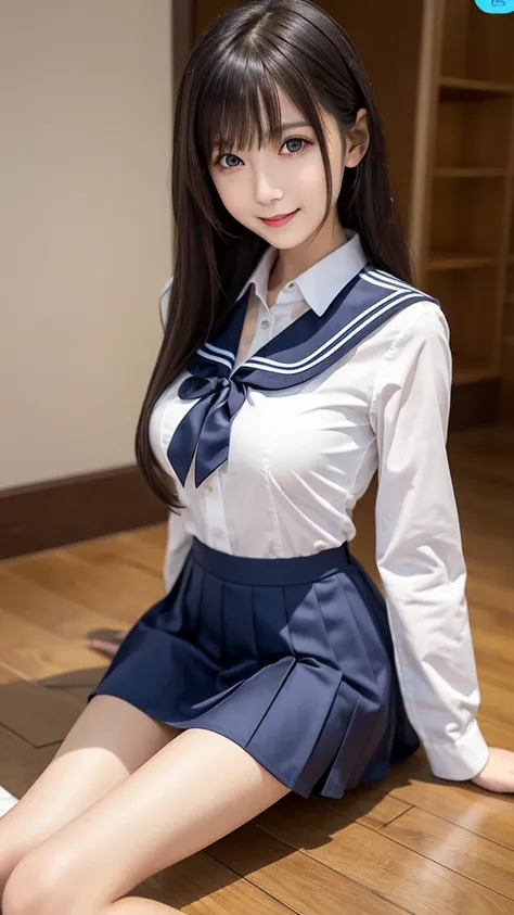 ((​masterpiece)), (( top quality)), photo,  4/5 upper body portrait,　sailor student uniform、the most beautiful girl, very slim、light weight, slim waist, small hip, small face, long limbs, realistic、big round breast, detailed skin, detailed crystal eyes, Be...