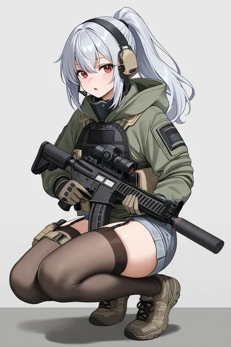 A tactical anime-style adult female soldier wearing tactical gear with a fleshy, glamorous figure。Silver hair is tied in a ponytail with a short navy band、 has red eyes 。 has a confident and seductive look 。 equip it with black tactical armor over a gray h...