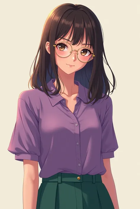 woman,  dark brown medium length straight hair without bangs, Wearing round, thin framed glasses ,  golden color ,  purple blouse and green cloth palazzo pants ,  anime style