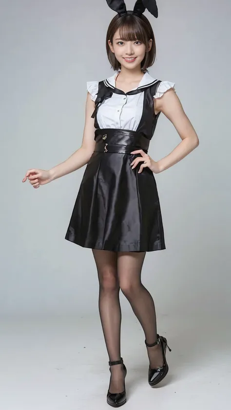  short hair， big breasts，My chest is compressed by clothes， small clothes，Height 171 cm ， Model Body Type， Bunny Girl in Maid Clothes :1.5，wear black tights:1.5， Best Smile:1.5，  full body shot :1.5， grey background:1.5， Wear Black High Heels:1.5， squats:1...