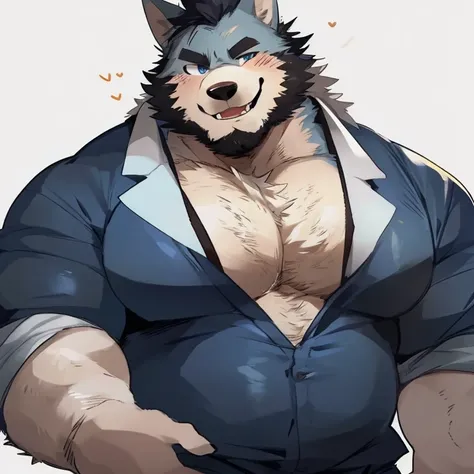 wolf, furry, ice fur, handsome, very muscular, very big, extremely hot and sexy, beard, hair, chest hair, charming eyes, solo, ice, male, happy expression, daddy, clothes, middle aged, by hyaku, by darkgem, by glitter trap boy