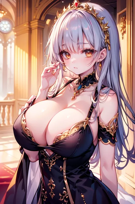 Princess , in castle , detailed hand , high quality, super quality, (detailed face:1.2), beautiful woman , golden eyes, long hair , gorgeous dress, tiara, necklace , earring , sharpe eyebrow , beautiful bangs are covering her eyes, arching back, turn aroun...