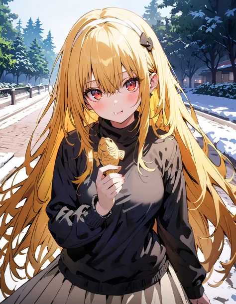 toloverudarkness, darkness, yellow hair,  long hair,  red eyes ,  Hair Ornament,White hair band ,White muffler, black down coat ,( sweater  :1.2),(  turtleneck:1.2), white long skirt,Walking around eating with taiyaki in one hand,Eating taiyaki ,snow,whole...
