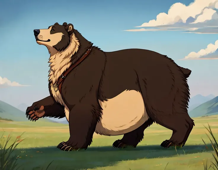 A beyond Obese Feral grizzly bear, with a very unbelievably enormously extremely chunkiest belly so large it drags heavily on the ground, walking, side view. 