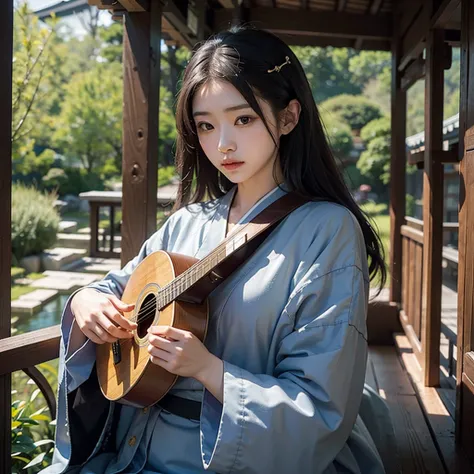  East Asian Lute Player、 Female Biwa Master 、 is obsessed with performing in a loose kimono、Blind Nun 、Japan&#39;s Heian Period、 Playing Biwa 、 morbidly white skin 、 Sitting on the Veranda of a Temple and Playing {x} Long Black Hair Gathered in the Back、 b...