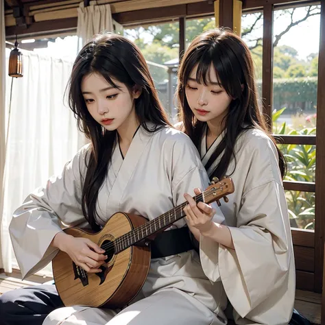  East Asian Lute Player、 Female Biwa Master 、 is obsessed with performing in a loose kimono、Blind Nun 、Japan&#39;s Heian Period、 Playing Biwa 、 morbidly white skin 、 Sitting on the Veranda of a Temple and Playing {x} Long Black Hair Gathered in the Back、 b...