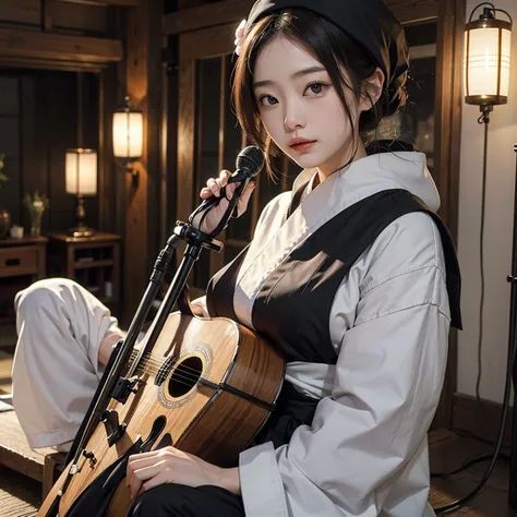  East Asian Lute Player、 Female Biwa Master 、 is obsessed with performing in a loose kimono、Blind Nun 、Japan&#39;s Heian Period、 Playing Biwa 、 morbidly white skin 、 Sitting on the Veranda of a Temple and Playing {x} Long Black Hair Gathered in the Back、 b...