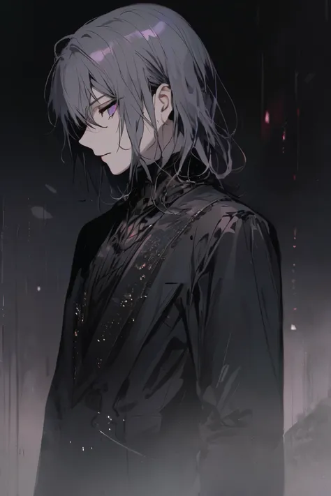 Alone, elegant, 1 male,  black coat , Silver medium hair, Purple eyes,  Slit pupils , high neck, dark atmosphere