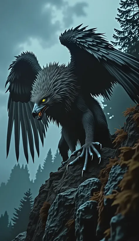 A menacing hybrid creature merging the wolf and Red-tailed Hawk, looming on a darkened rocky cliff under a stormy twilight sky, its massive wolf-like body covered in matted, shadowy gray fur with jagged spikes emerging along its spine, enormous hawk wings ...