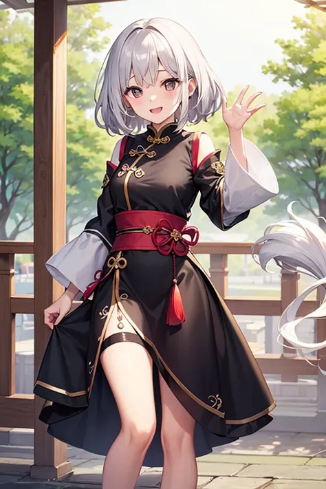  white hair、Gray Hair、 beautiful girl、 big smile 、Innocent、Delighted、Chinese and Western style mixed costumes、 white skin、Transparency、 cute、nature、Inside the palace、 girl、 slender、 Slim、 high image quality、4ｋ、 medium hair、 is adorable、 wink、smile、 happy、 ...