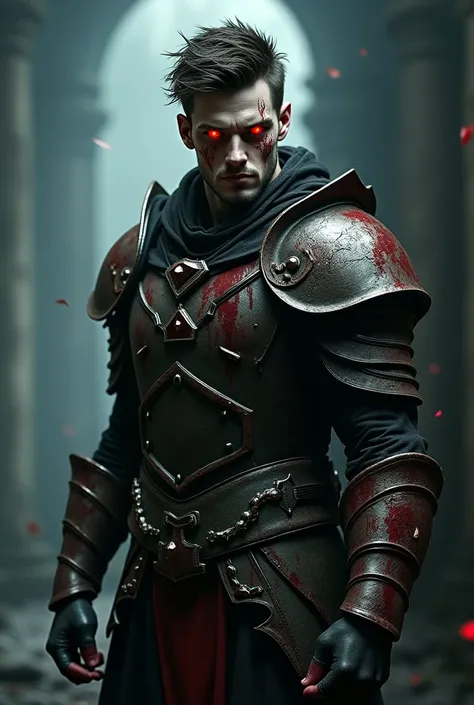 a handsome young man in his early twenties, dressed as a warrior, now turned undead, detailed face, striking eyes, strong jawline, muscular physique, tattered and bloodstained armor, deathly pale skin, glowing red eyes, menacing expression, dark and moody ...