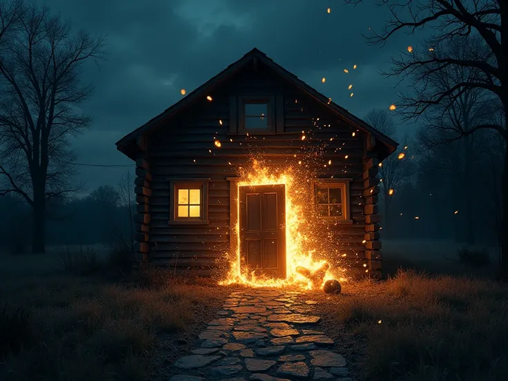 at night, Inside an old cabin, The front door crashing down and the pieces flying, Don't show people just the door crashing, There's no full door anymore