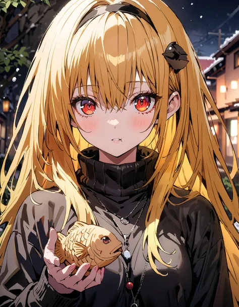 toloverudarkness, darkness, yellow hair,  long hair,  red eyes ,  Hair Ornament,White hair band ,White muffler, black down coat ,( sweater  :1.2),(  turtleneck:1.2), white long skirt, boots,Walking around eating with taiyaki in one hand,Eating taiyaki ,sno...