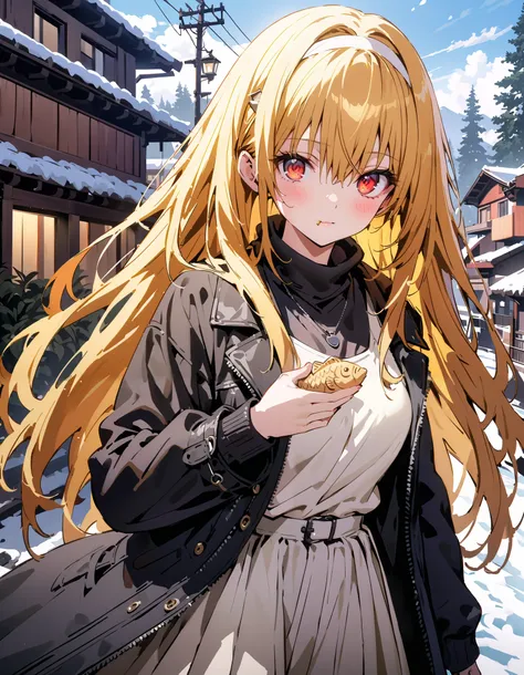 toloverudarkness, darkness, yellow hair,  long hair,  red eyes ,  Hair Ornament,White hair band ,White muffler, black down coat ,( sweater  :1.2),(  turtleneck:1.2), white long skirt, boots,Walking around eating with taiyaki in one hand,Eating taiyaki ,sno...