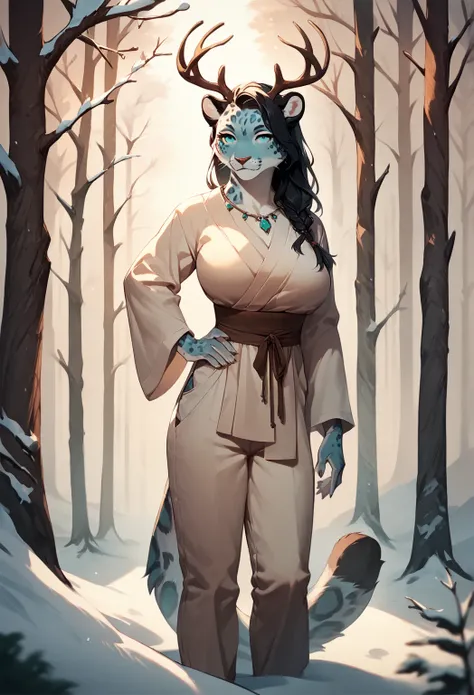 score_9, score_8_up, score_7_up, score_6_up, score_5_up, score_4_up, (single), female antler furry snow leopard, monk clothes, luscious monk pants, fluffy body, long dark black hair, turquoise eyes,  (She is standing), giant breasts