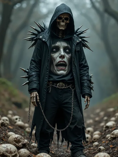 Decaying skeleton necrotic god entity with a dark hoodie that has a  picture of a realistic human face on it,dressed in torn black pants and chains, leather jacket with huge spikes,occult necromancer,dark surrealism,dark realistic photography,melancholic d...