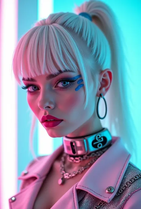 A striking cyberpunk-inspired portrait of a futuristic individual with an intense gaze and piercing blue eyes. The subject has avant-garde makeup: bleached or white-painted eyebrows, bold winged blue eyeshadow extending towards the temples, and small silve...